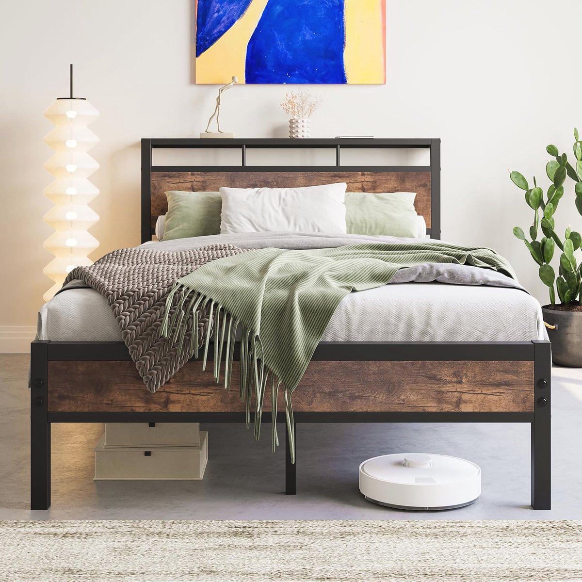 Metalen bedframe met houten hoofdeinde - 120 x 200 cm Tweepersoonsbed voor slaapkamer en l