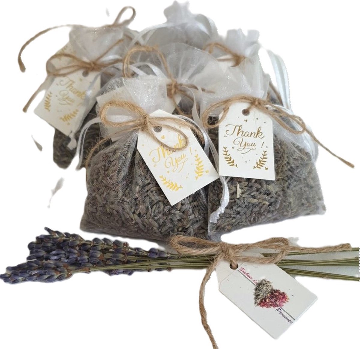 Bonheur de Provence® - geurzakjes - biologische lavendel - cadeau - bedankje - 10 witte organza zakjes - huwelijk