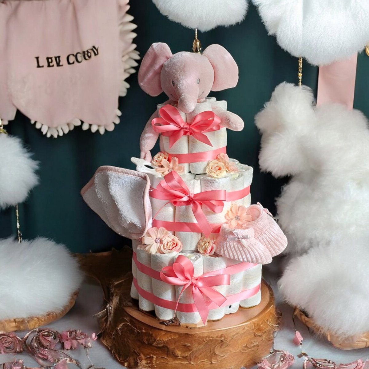 Goedkoopste Luiertaart roze met olifant - kraam cadeau voor meisje - babyshower cadeau
