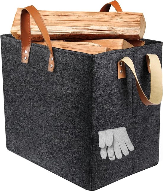 Brandhoutmand, 36 x 32 x 31,5 cm, metalen brandhoutmand, houten wieg, open haard van staal met handvat, draagmand voor hout