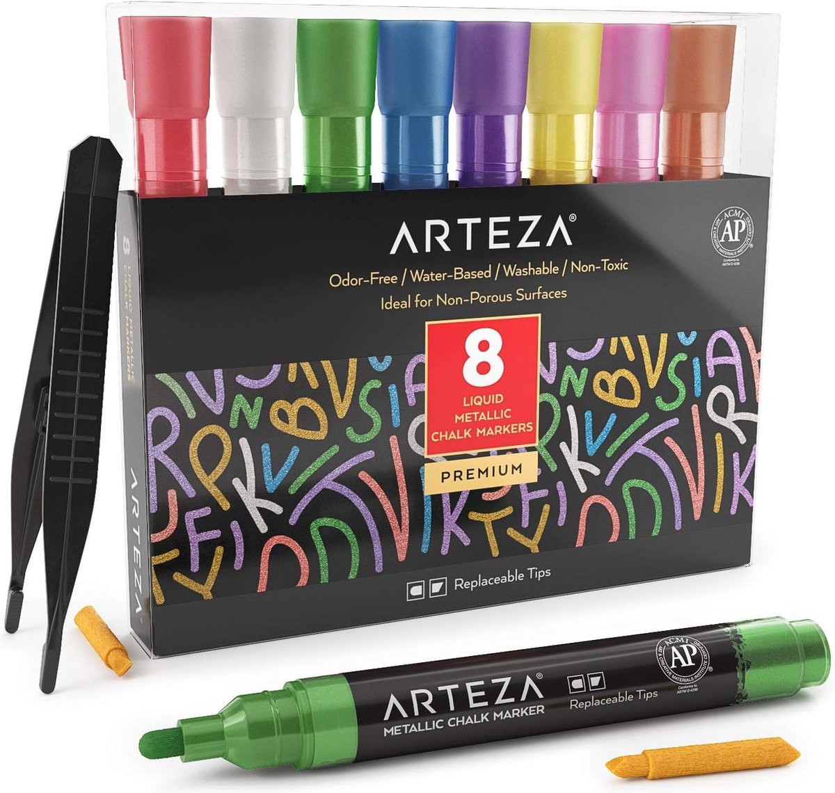 Krijtmarkers Set met 8 Metallic Krijtstiften, Wisselbare Punten en Krijtbord-Etiketten