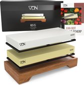 VDN XL Wetsteen set 1000 6000 met E-Book - Slijpsteen Messen - Acaciahouder Anti-Slip - Groot Oppervlak Slijpen - 23x10x2.5 CM - Messenslijper