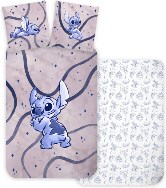 Dekbedovertrek met Stitchprint in paars en roze tinten. Beddengoed met Stitch, Sterren en golvende lijnen.