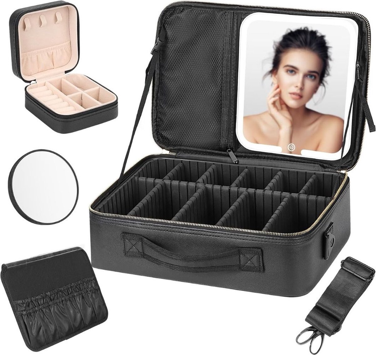Goedkoopste Visagie Koffer - Cosmetica Koffer Met Verlichte Spiegel - Kapperskoffer - Make-up Koffer met Verstelbare Vakken – Pedicure en Nagelstyliste Beauty Koffer – Kapperstas - Makkelijk Mee Te Nemen
