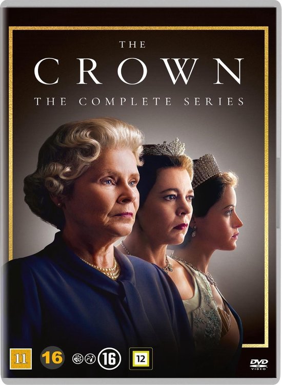 The Crown, The Complete Series DVD met drie vrouwen, waaronder Koningin Elizabeth II, met kronen en parels.