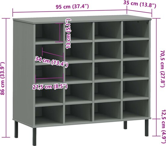 vidaXL Schoenenrek met metalen poten OSLO 106x35x45 cm grenen grijs, opbergrek voor schoenen, opbergstellage voor schoenen, schoenenordener