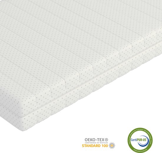 Wit matras met een stippenpatroon en CertiPUR-US en Oeko-Tex Standard 100 certificeringen.