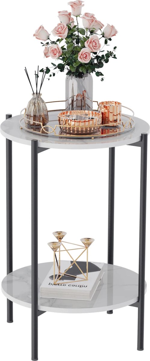 KTN® Bijzettafel - Koffietafel - Nachtkastje - Multifunctioneel Huismeubel - Zwart Metalen Poten - Rond - 2 Laags - Marmerlook Wit