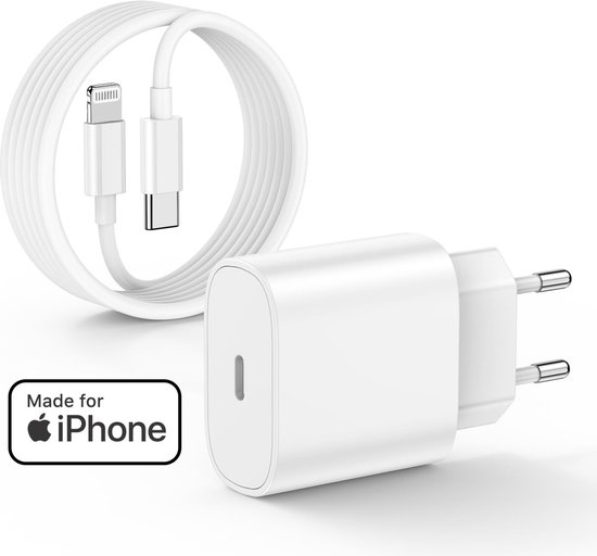 Witte USB-C oplader met 'Made for iPhone' logo en een USB-C naar Lightning kabel.