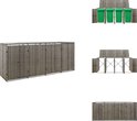 Grijze containerberging met vlechtwerkpatroon, deels geopend, met drie groene containers erin.