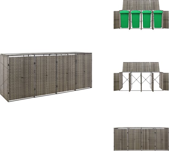 Grijze containerberging met vlechtwerkpatroon, deels geopend, met drie groene containers erin.
