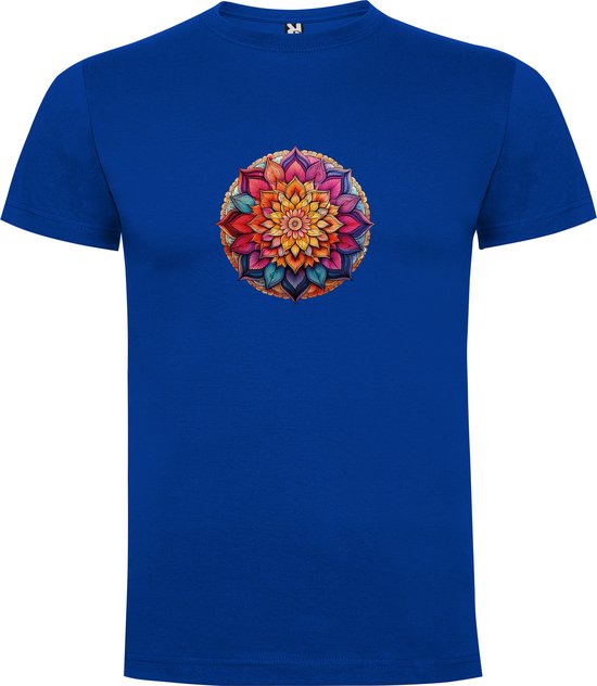 Kobalt Blauw T-Shirt met “Kleurrijke mooie Mandala “ Print Full Color Maat 4XL