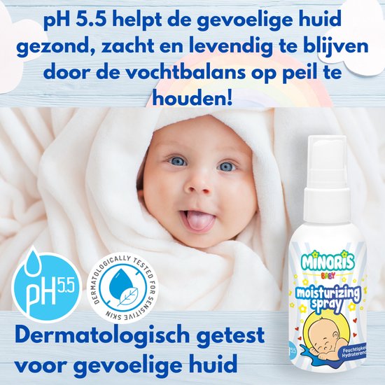 Minoris Baby Hydraterende Spray | Biologisch, Op Waterbasis, Dermatologisch Getest | Met Sheaboter, Kamille, Ceramiden | pH 5.5, Hypoallergeen, Niet-Vettig, Kalmerend, Diepe Hydratatie | 100 ml
