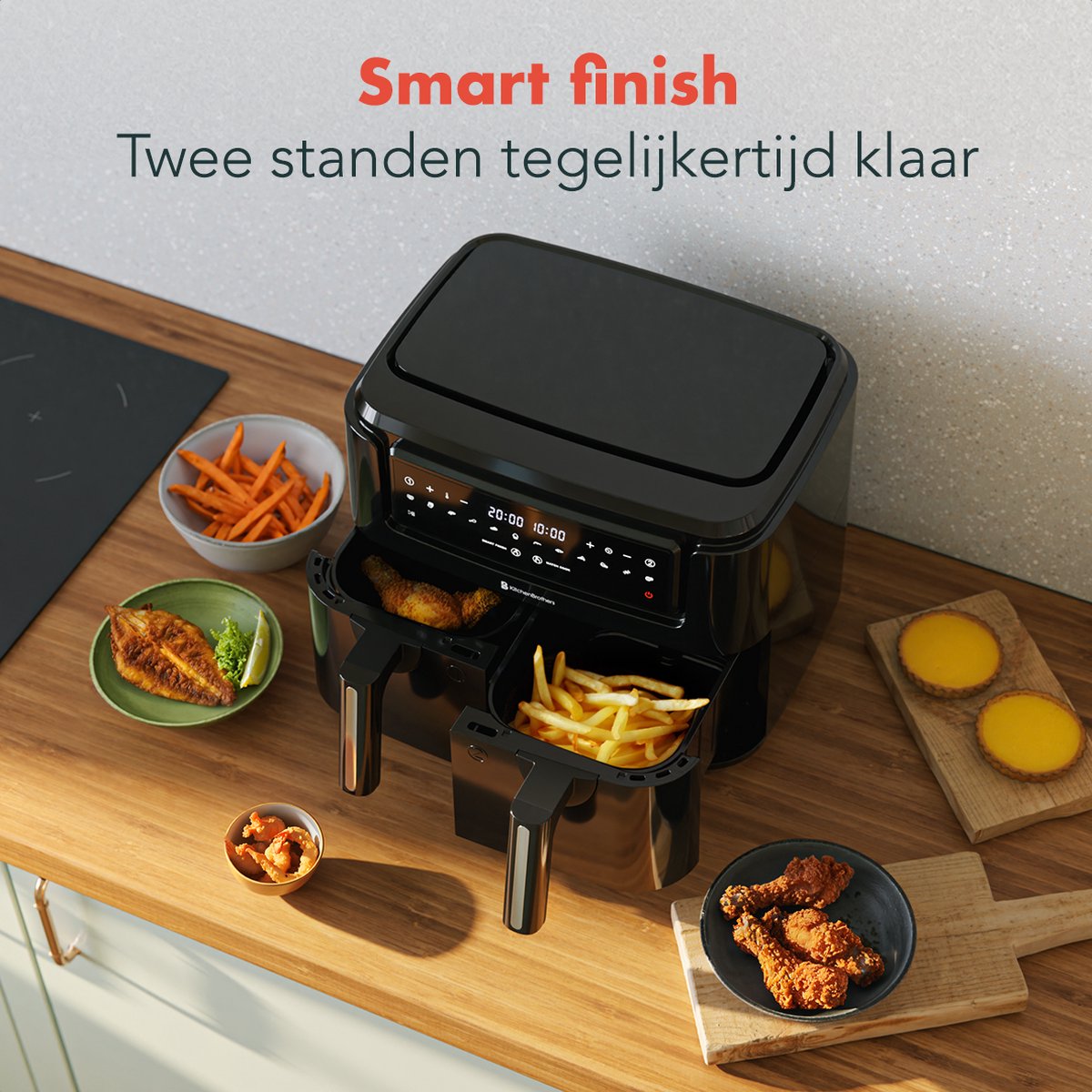 Airfryer XXL KitchenBrothers 2400W 9L Dubbele Mand Heteluchtfriteuse 10 Programma's Dual Zone Zwart - Afbeelding 4