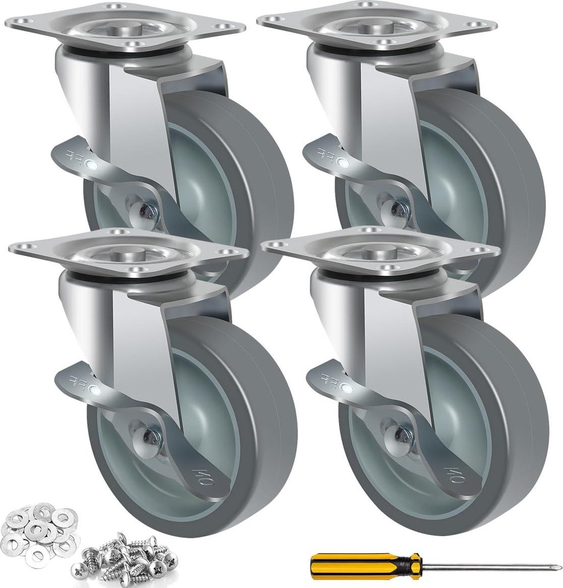 75mm meubelwielen met rem - zwenkwielen voor meubels - transportwielen voor meubels - belastbaarheid 60 kg - 4 stuks