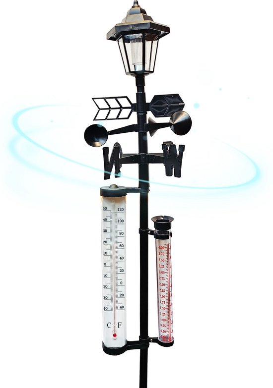 Orange Donkey Solar Weerstation, 3-in-1 weermeter op zonne-energie – Regenmeter, windrichtingmeter en temperatuurmeter in Celsius en Fahrenheit - Thermometer buiten analoog met verlichting en grondpen