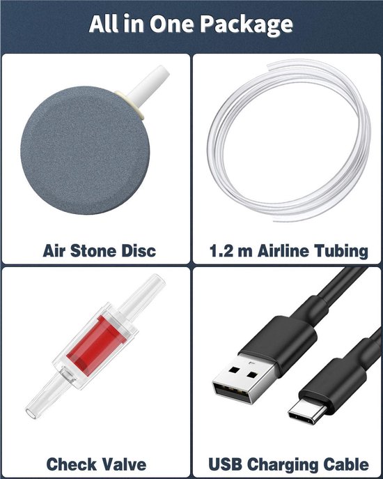 LNIDEAS Oplaadbare aquariumluchtpomp, 1800 mAh batterij, zeer stille zuurstofpomp, multifunctionele aquariumpomp met complete accessoires voor vissen in de open lucht, aquarium, stroomuitval (1