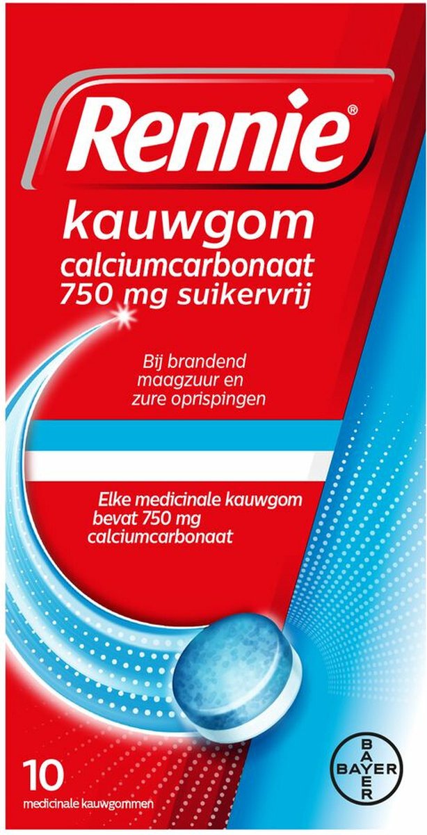 Goedkoopste Rennie Kauwgom Calciumcarbonaat 750mg Suikervrij 10 stuks