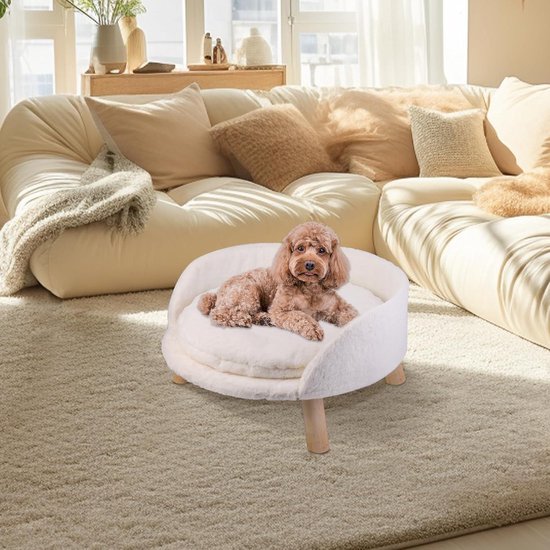 BingoPaw Cat Sofa Bed: Raised Scandinavian Pet Chair Bed with Removable Waterproof Mat - Raised Plush Fur Dog Kitten Sofa with Wooden Legs Frame (Dia 40cm