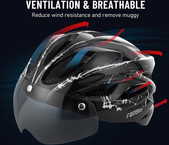 Favoto Fietshelm voor heren met vizier, achterlicht, uitneembare binnenvoering, damesfietshelm, EPS-binnenvormtechnologie, ademend, lichtgewicht, 57-61 cm, verstelbaar, zwart-blauw