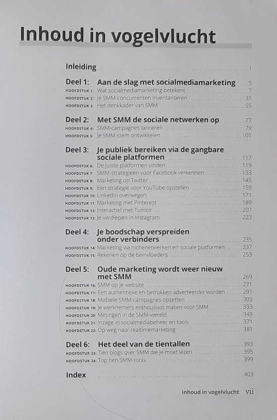 Boekpagina met inhoudsopgave van 'Social media marketing voor Dummies'.