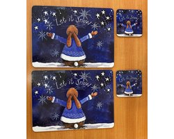 Alex Clark Placemats(MEDIUM FORMAAT)en Coasters Set Let is snow Rabbit ~ Konijnen winter/kerst