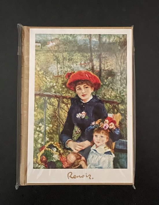 Een schilderij van een vrouw met een rode hoed en een meisje met een bloemenhoed, zittend op een balkon. Gesigneerd 'Renoir'.