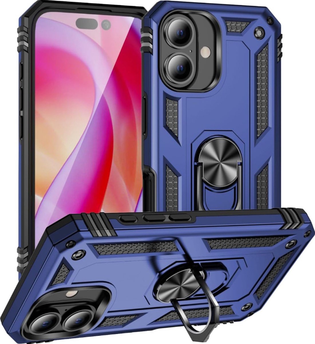 Cityhoesje – Armor Kickstand – Ring BackCover – iPhone 16 Plus – Blauw