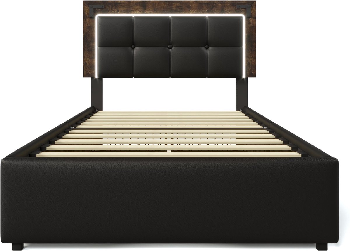 Merax 90x200cm Bedframe met LED Verlichting - 4 Laden en Verstelbaar Hoofdbord – Zwart PU Leren Gestoffeerd Bed Inclusief Matras