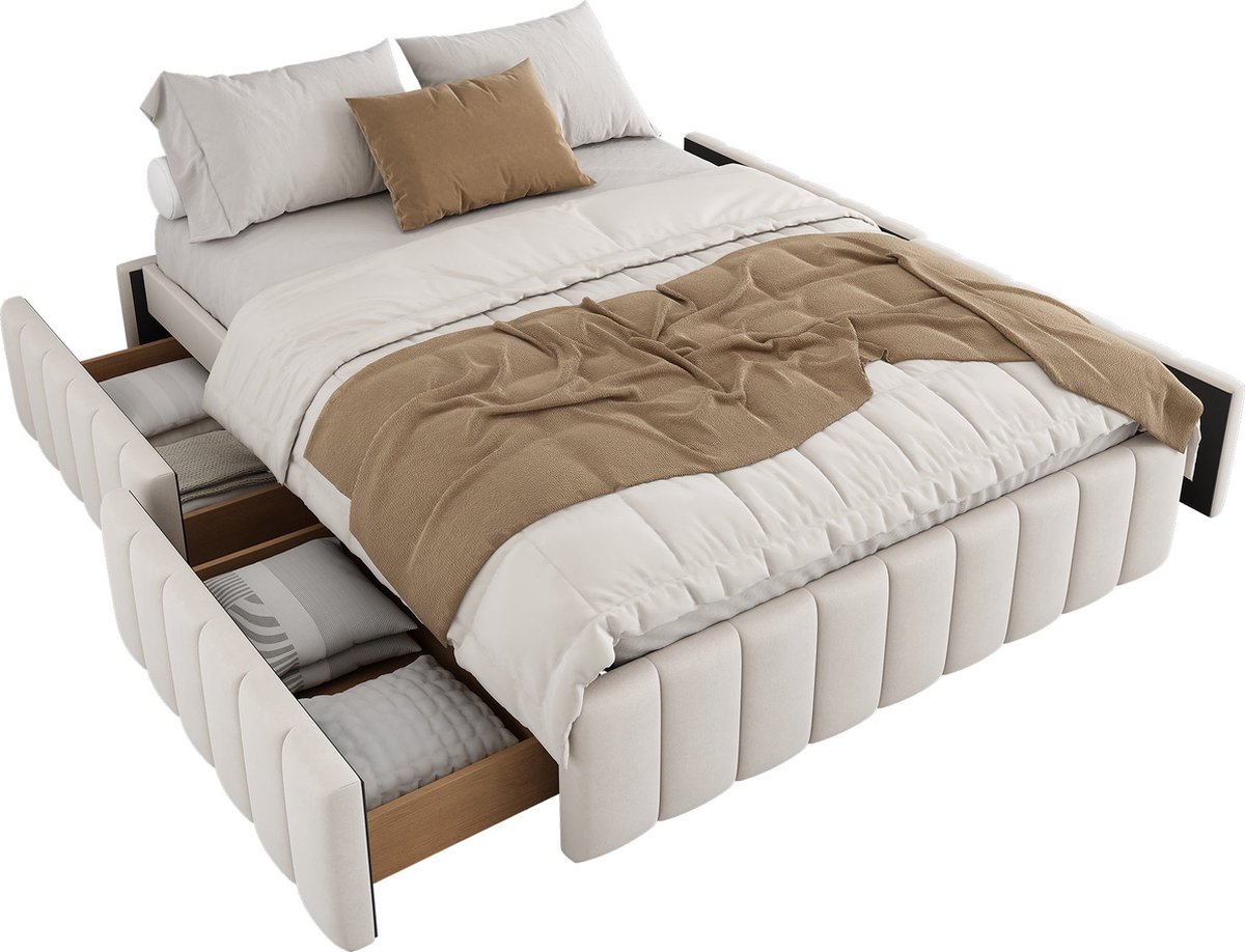 Merax Tweepersoonsbed 140x200 cm met 4 Lades – Beige Fluweel – Inclusief Lattenbodem – Zonder Hoofdbord