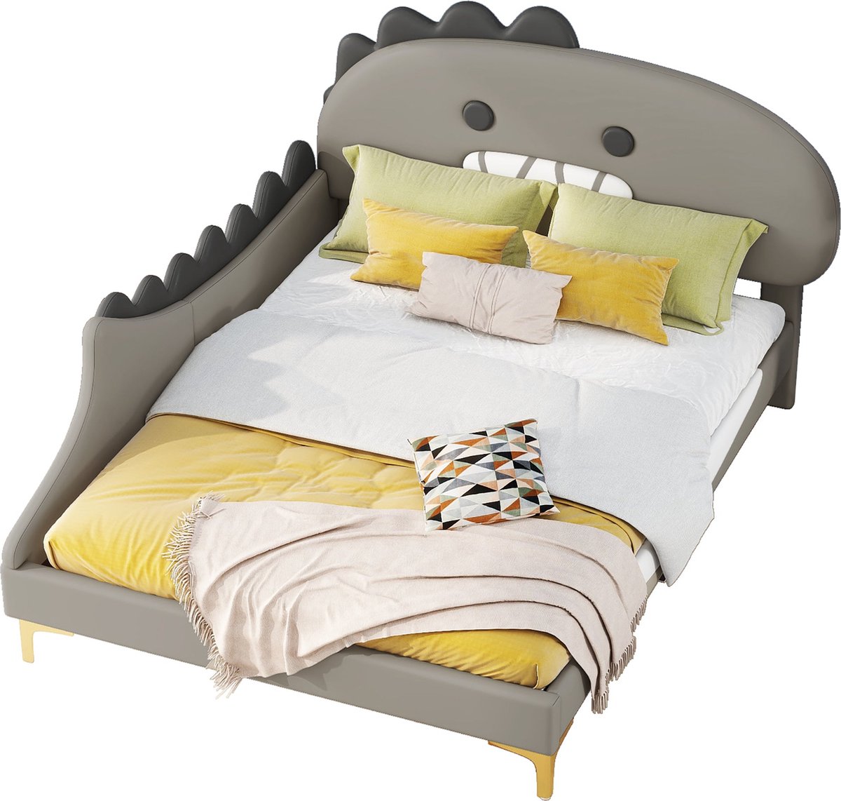 Merax Kinderbed 140x200 cm - Cartoon Dinosaurus Design - Grijs - PU Materiaal - Plat Bed