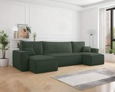 Canapé en U avec rangement Frenkie - Vert - Tissu côtelé Velours - Canapé lit avec rangement - Canapé - Canapé lit - Siège en U - Canapé avec coin nuit - 4 places