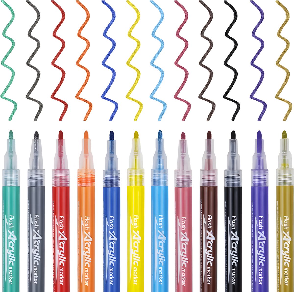 Rainbecom - 12 Kleuren Glitter Acryl Marker Stiften - Glitterstiften - 1 mm Lijndikte - Glitter Penen - Gelpen schilderset - Waterdicht- Acrylstiften met Polyester Punt - Acrylverfpennen Tekenset - Stiften voor het Schilderen van Eieren Stenen, Keram