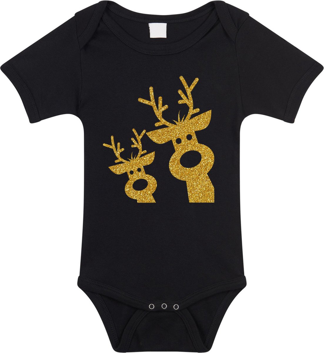 Bellatio Decorations Kerst baby rompertje - zwart - glitter goud - rendier - Kerst cadeau 56