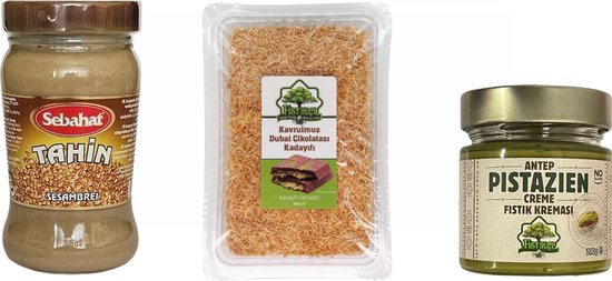 Foto: Set van fistikci geroosterde kadayif 200g pistachecr me 200g en sebahat tahini 290g ideaal voor luxe dubai chocoladecreaties dubai reep kadayif en tahini voor chocolade uit dubai