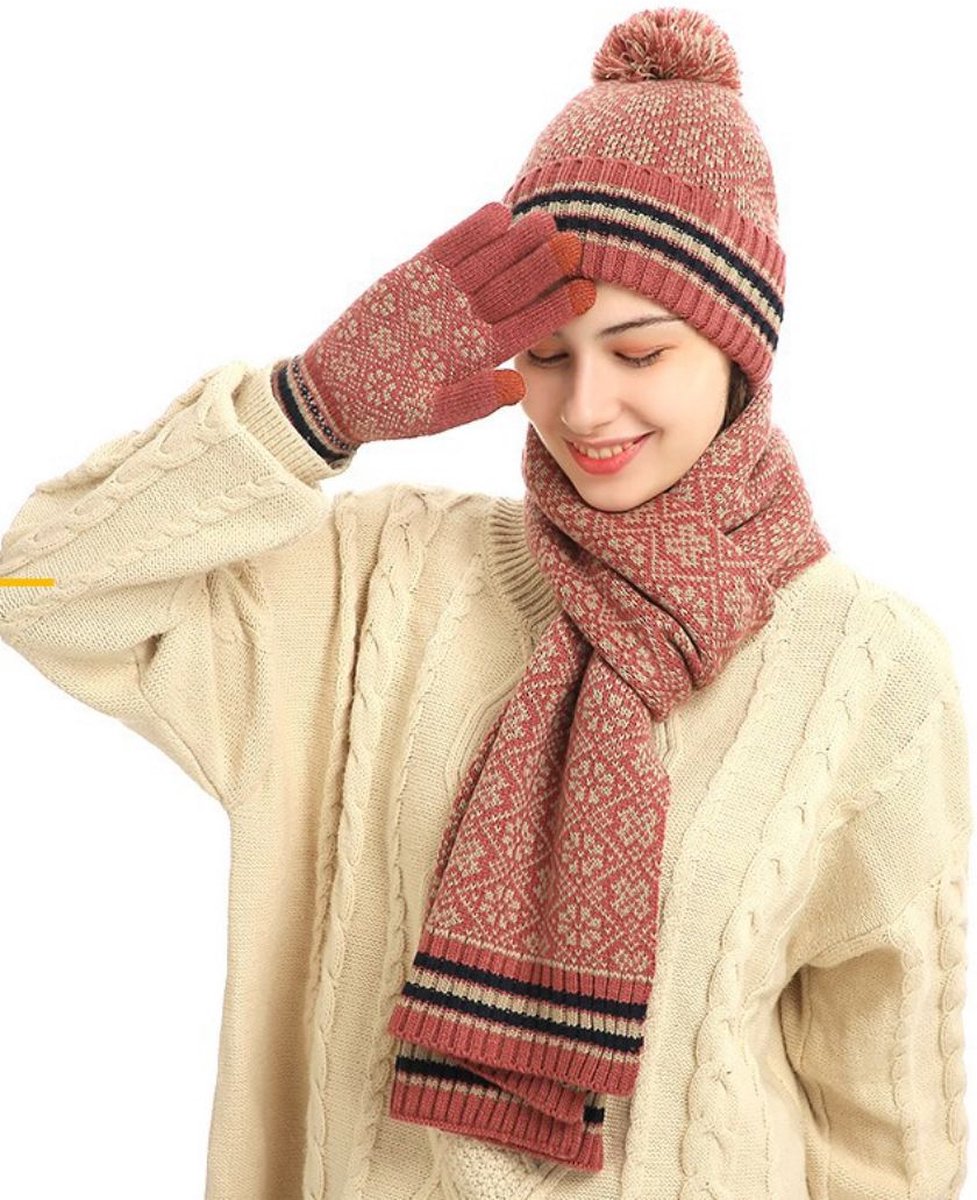 3-delige wintermuts, sjaal en handschoenenset, gebreide muts en sjaalset, dikke thermische pompom muts, handschoenen en sjaalset met touchscreen handschoenen, warm wintercadeau, geschikt voor buitenkleding voor mannen en vrouwen - licht rood — cadeau in Mode & Accessoires - foto 2