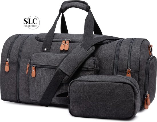 SLC Collection – Reistas incl. Toilettas – Weekendtas – Heren – Vintage Zwart - Antraciet - Grijs – 50 Liter - Canvas – Schoenenvak – Handbagage - Mannen