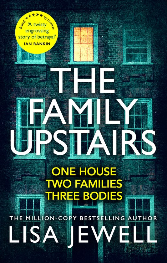 Couverture du livre 'The Family Upstairs' représentant une maison en briques sombres avec des fenêtres éclairées et le sous-titre 'ONE HOUSE TWO FAMILIES THREE BODIES'.