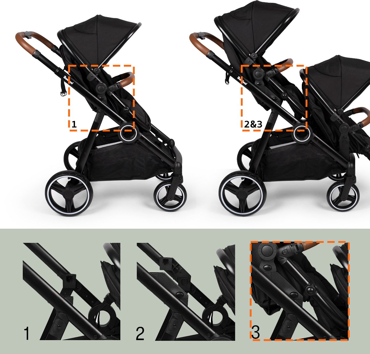 Baninni Luiz - Tweeling Kinderwagen - Duo Buggy - incl. 2 omvormbare zitjes & reiswiegjes - Geschikt voor 1 of 2 kindjes vanaf geboorte tot 22kg - Zwart — cadeau in Cadeau-ideeën - foto 4