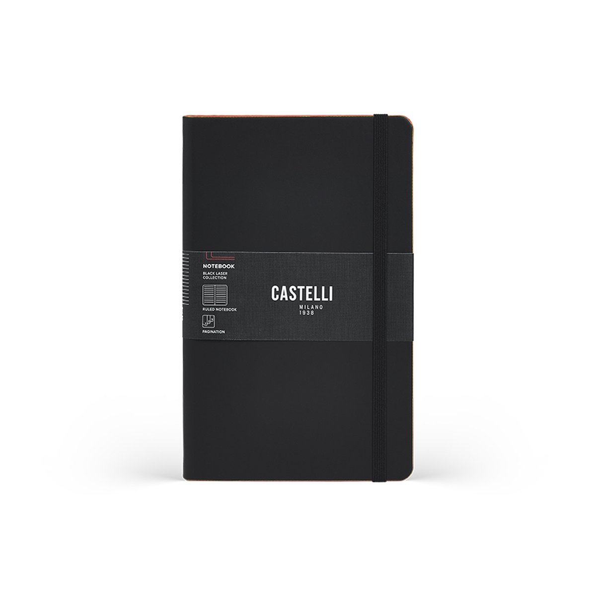 Notitieboek A5 Castelli Milano – 13×21 cm - Zwart - Black Laser / Orange – gelinieerd – luxe Italiaans design – Made in Italy