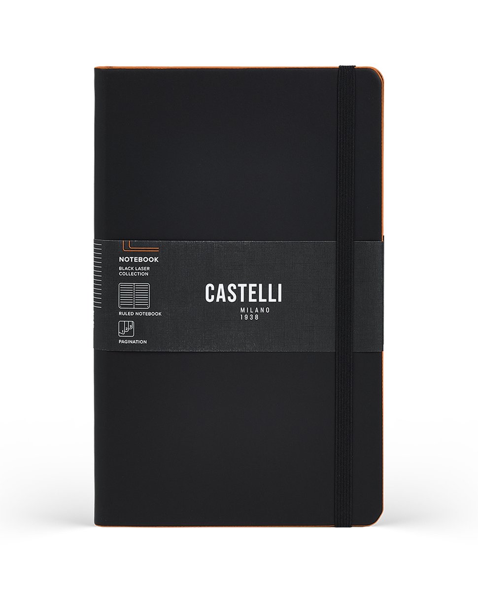 Notitieboek A5 Castelli Milano – 13×21 cm - Zwart - Black Laser / Rust – gelinieerd – luxe Italiaans design – Made in Italy