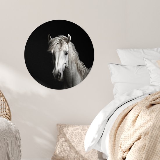 WallCircle® - Papier peint cercle 80x80 cm - Stickers muraux Cheval - Portrait - Zwart - Wit - Animal - Cercle mural salon - Cercle mural chambre - Décoration de pièce autocollante - Accessoires de Décoration murale