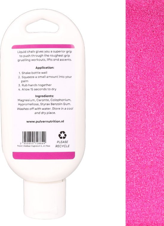 Achterkant van witte fles vloeibare krijt van Pulver met roze etiket. Instructies en website vermeld.