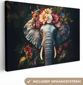 Canvas schilderij 180x120 cm - Wanddecoratie Olifant - Dieren - Bloemen - Natuur - Muurdecoratie woonkamer - Slaapkamer decoratie - Kamer accessoires - Schilderijen