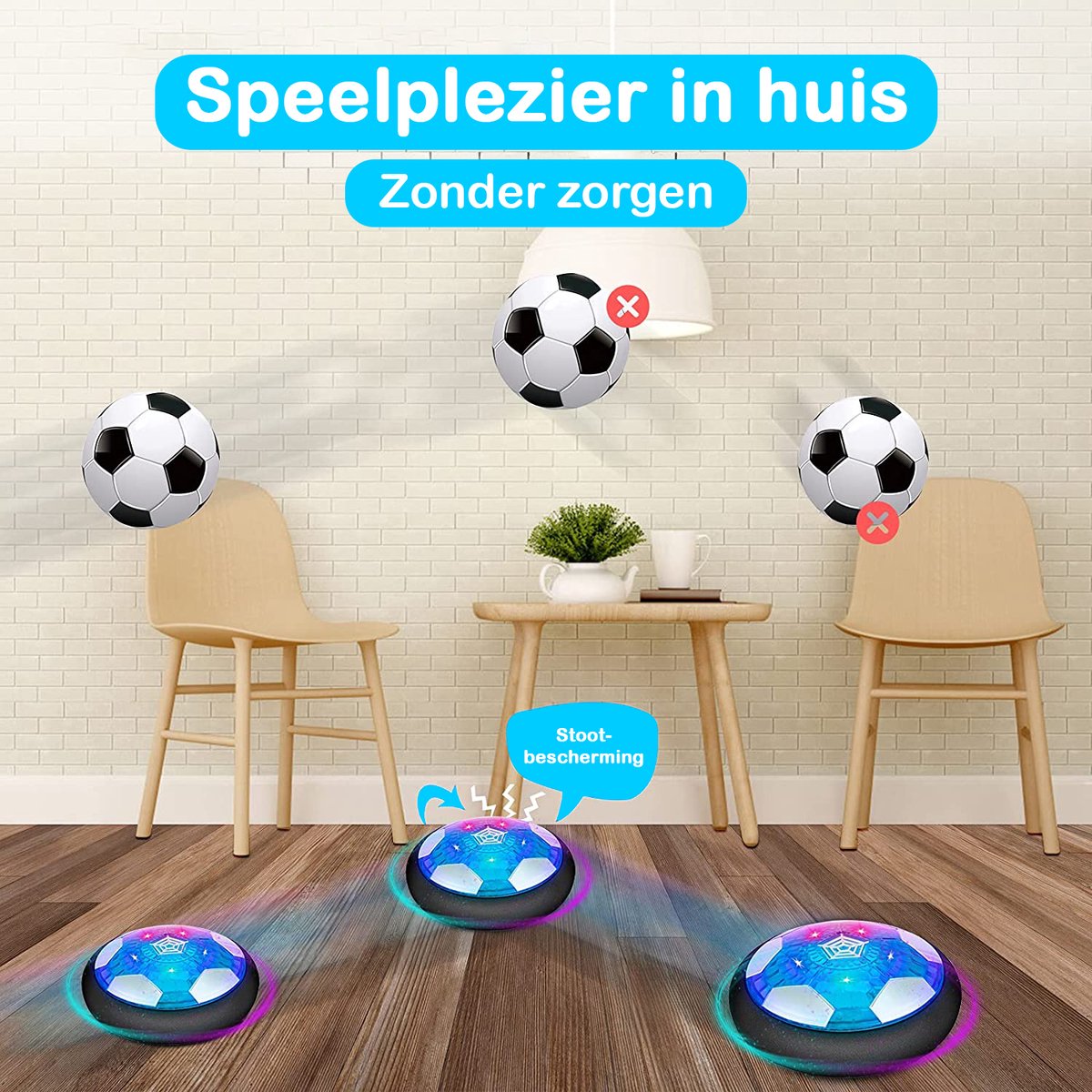 2-Pack Tech Essentials® Hover Bal - Led Verlichting - 18 cm - Oplaadbaar - Indoor Zweef Voetbal - Zachte - Kinderen - Air Powered Soccer - Binnen — afbeelding 3