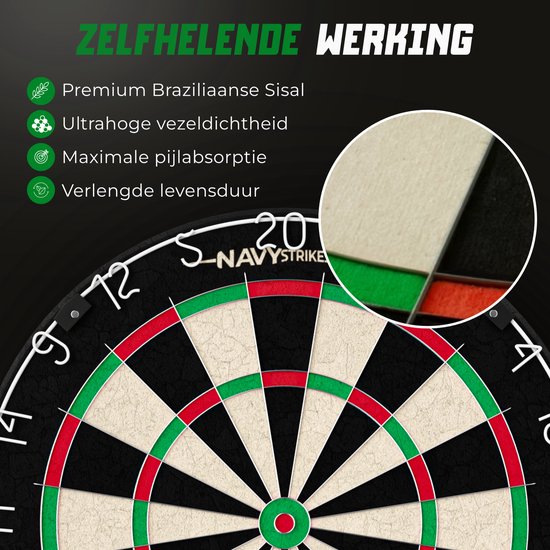 Close-up van een dartbord met tekst 'ZELFHELENDE WERKING' en kenmerken zoals Braziliaanse sisal.