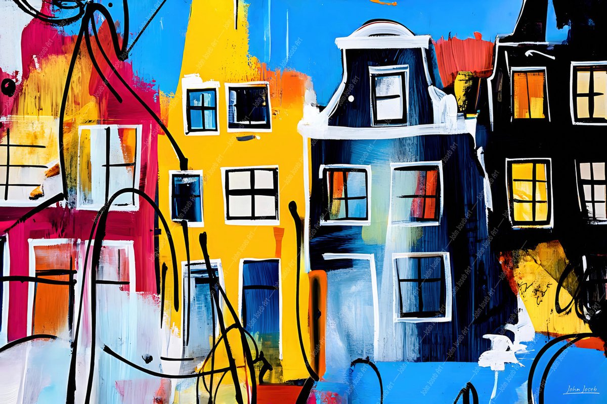 John Joseb Art (Aluminium) 120x80 | Amsterdam in Herman Brood stijl, abstract, kleurrijk, kunst | huizen, stad, Nederland, rood, geel, blauw, modern | foto-schilderij op dibond, metaal wanddecoratie