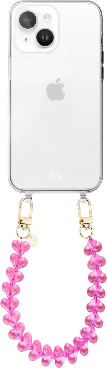 xoxo Wildhearts siliconen hoesje - Geschikt voor iPhone 14 Plus hoesje - Funky Hearts - Telefoonhoesje - Hoesje met koord - Transparant roze koord - kort telefoonkoord - Hartjes ketting - Transparant hoesje