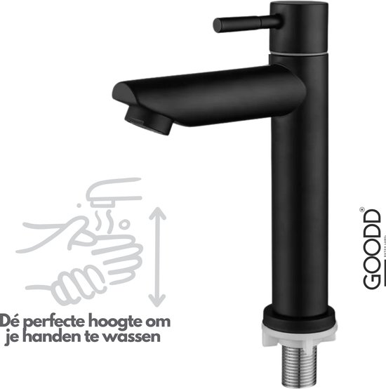 GOODD® Frejus - Fonteinkraan - Toiletkraan - Wc kraan - Mat zwart - Perfecte hoogte 16 CM - KOUD WATERKRAAN - één hendel kraan - Antivingerprint - RVS - PVD Coating - Zware kwaliteit