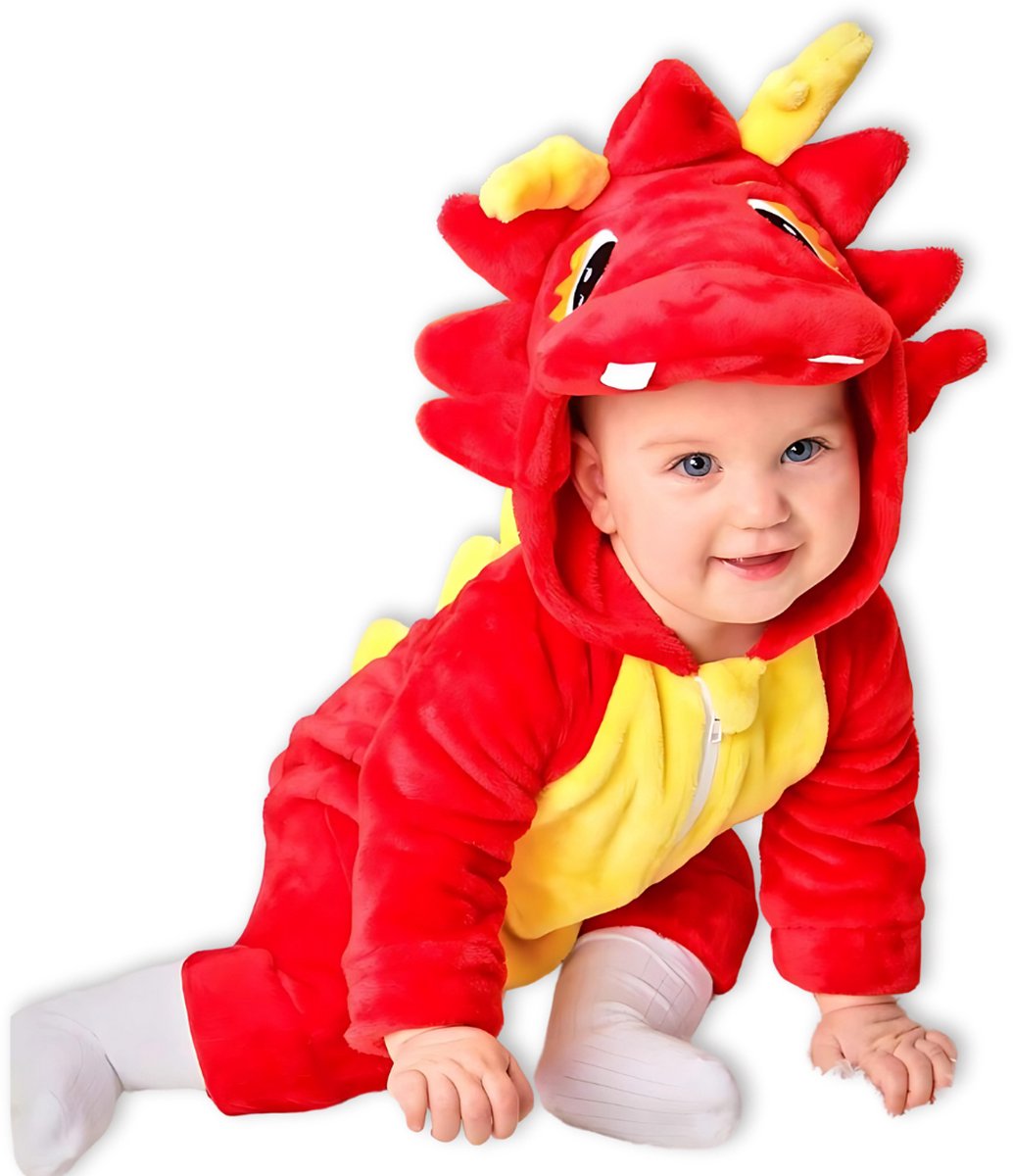 BoefieBoef Dieren Baby Onesie Peuter Pyjama Kinderen 6 maanden - 2 jaar – Draak rood – Verkleedkleding met Luierrits – Carnaval Dierenpak - Kerst en Kraamcadeau Tip – Zacht Flanel - Romper - Boxpak - Jongens - Meisjes - Kruippak - Winterpak - China